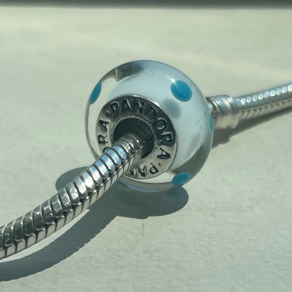 Retired Pandora Murano Glass Charm - Clear blue dots